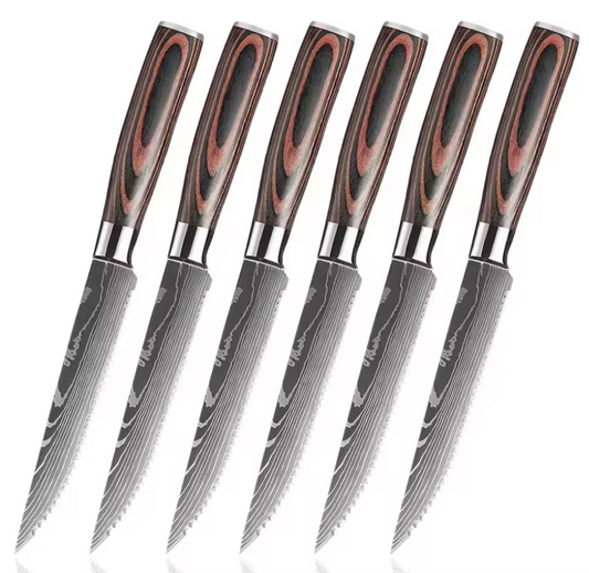 6 Couteaux de table aspect damas acier manche en bois - livraison offerte