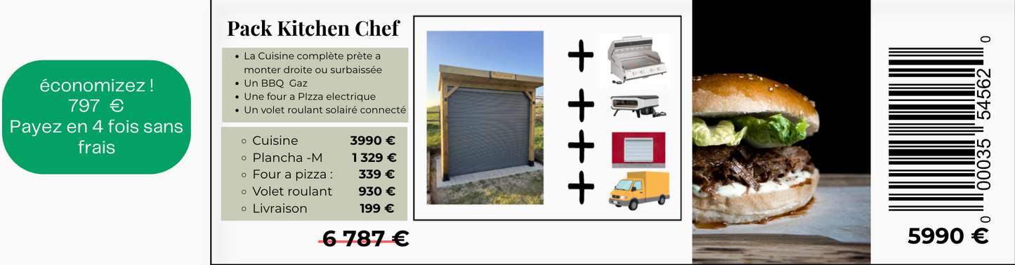 KIT KITCHEN CHEF   !  CUISINE + PLANCHA ELECTRIQUE + FOUR A PIZZA + VOLET ROULANT