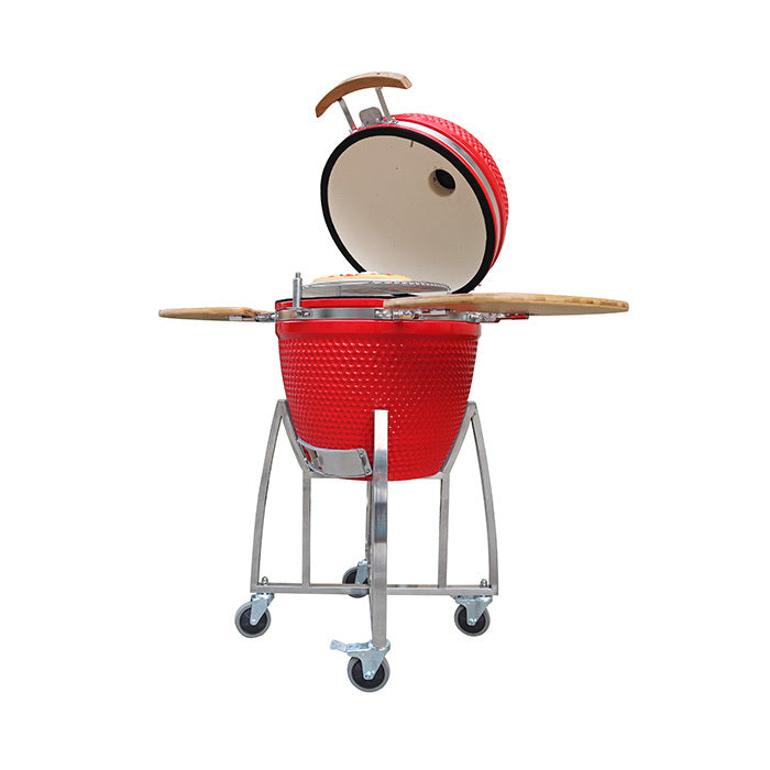 Barbecue Kamado rouge Natural Kitchen Ø 52 cm en céramique haute densité avec gravure personnalisée.