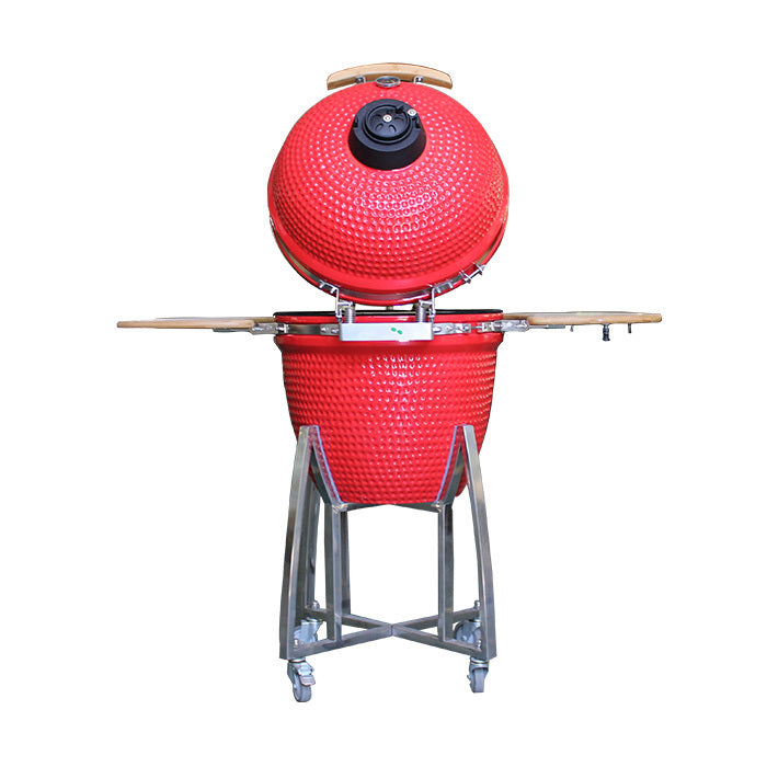 Barbecue Kamado rouge Natural Kitchen Ø 52 cm en céramique haute densité avec gravure personnalisée.
