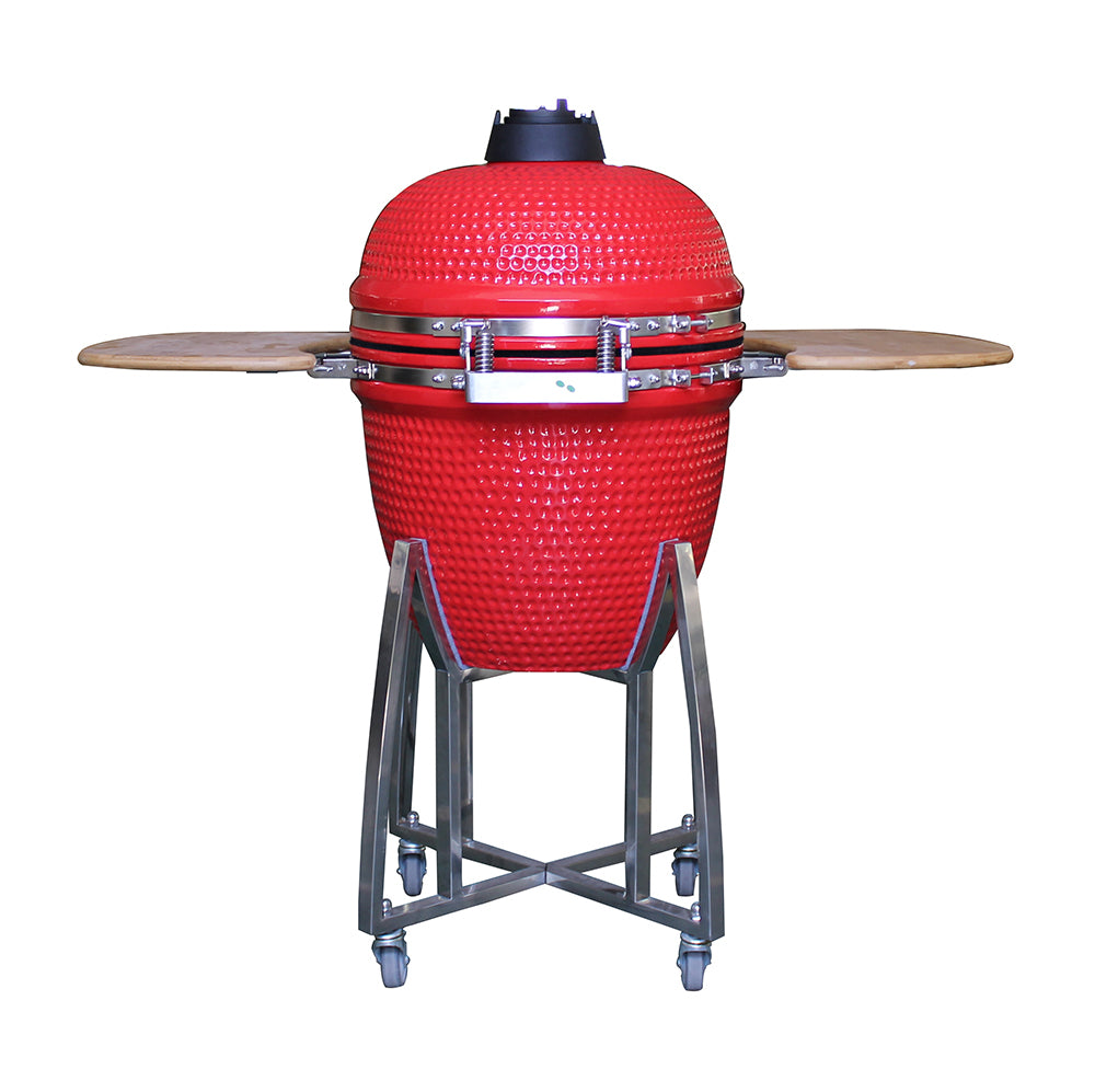 Barbecue Kamado rouge Natural Kitchen Ø 52 cm en céramique haute densité avec gravure personnalisée.